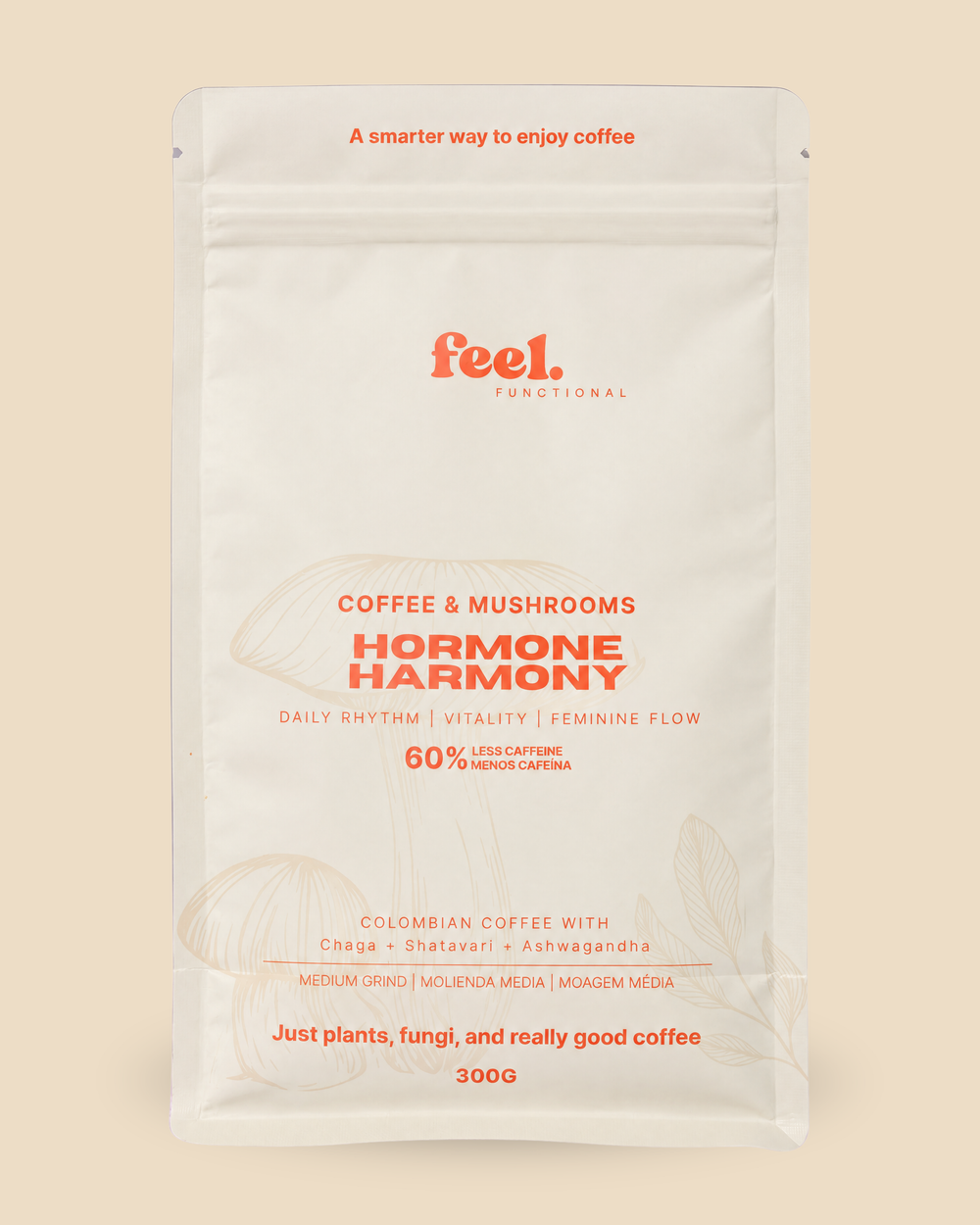 Feel Functional Hormone Harmony, 300 g bag of 60% swiss water decaf Colombian coffee with chaga, shatavari and ashwagandha
