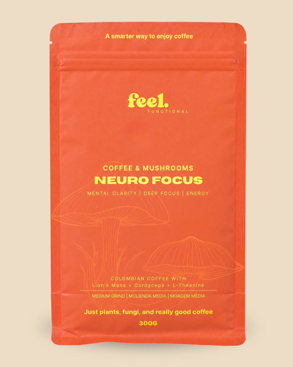 Feel Functional Neuro Focus, 300 g bag of Colombian specialty coffee with lion's mane, cordyceps and l-theanine