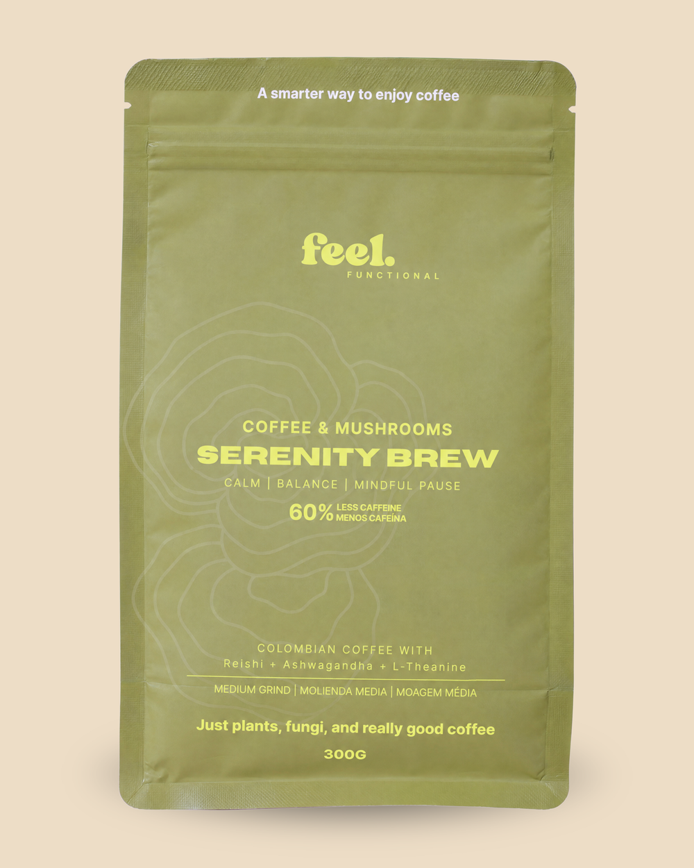 Feel Functional Serenity Brew, 300 g bag of 60% swiss water decaf Colombian coffee with reishi, ashwagandha and l-theanine